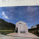 Architect's rendered impression of Sunset Villa exterior — barn-form design with tiled facade set against Awajishima hillside
