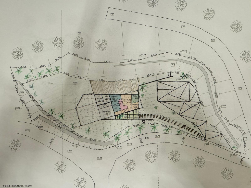 First architect site plan for Vista Wellmina Villa, Awajishima — initial layout proposal declined at consultant review stage