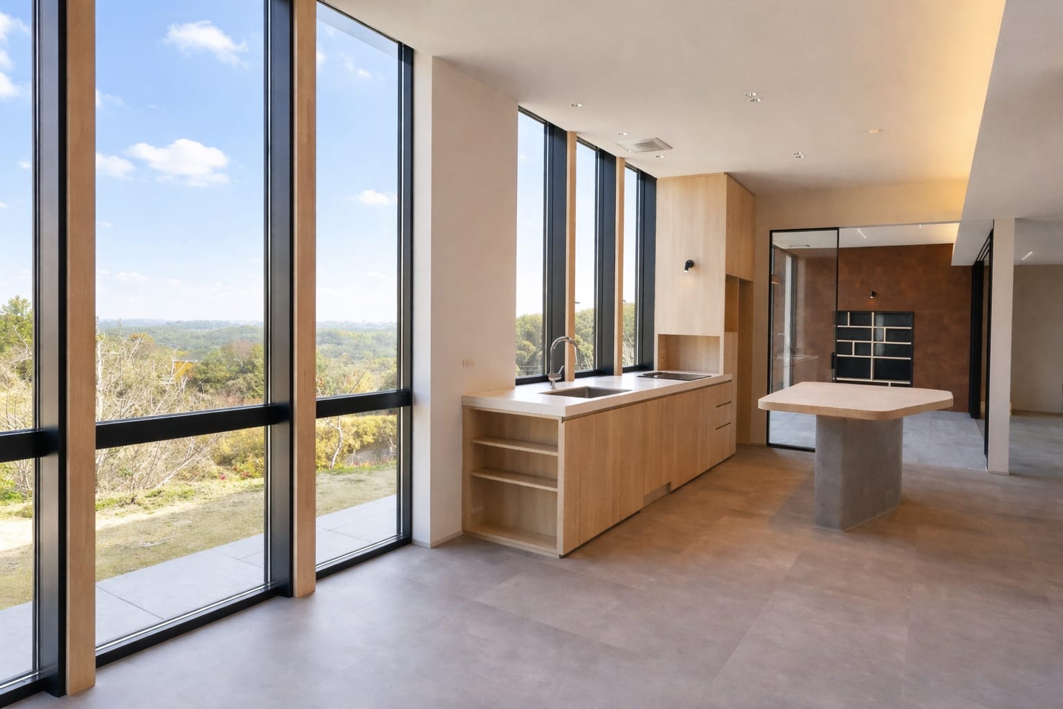 Architect designed villa open plan kitchen living panoramic view Awajishima