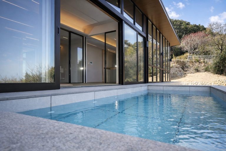 Architect designed villa pool glazed facade Awajishima