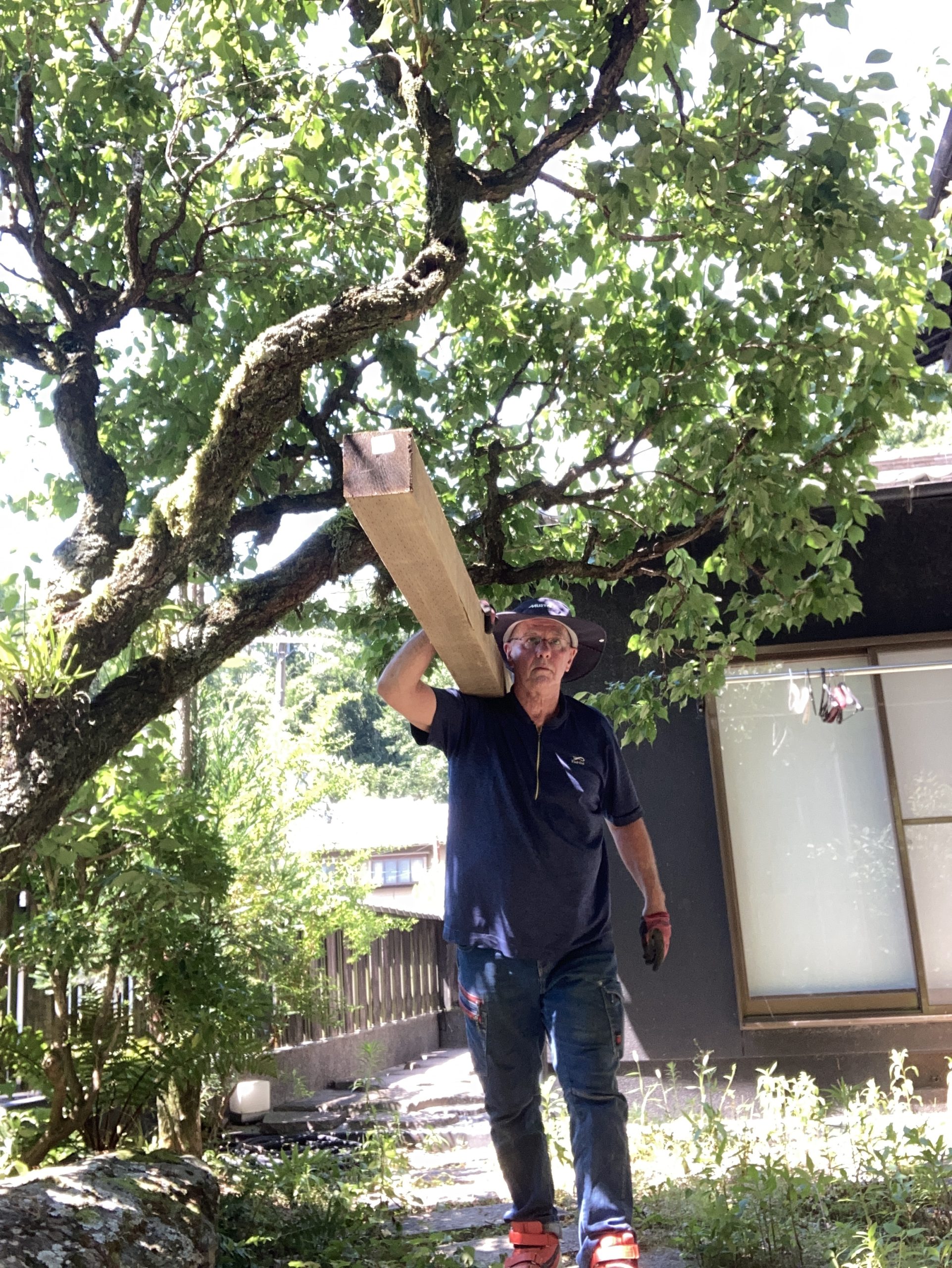 Mark toting wood on a construction site.